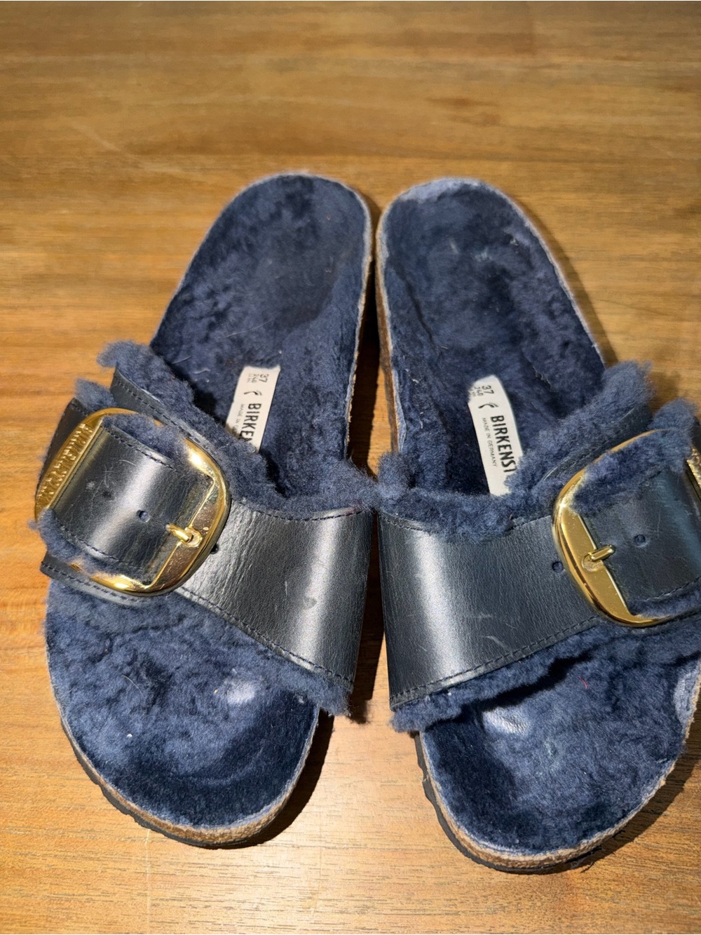 Birkenstock Navy Shearling Slide with Gold Buckles